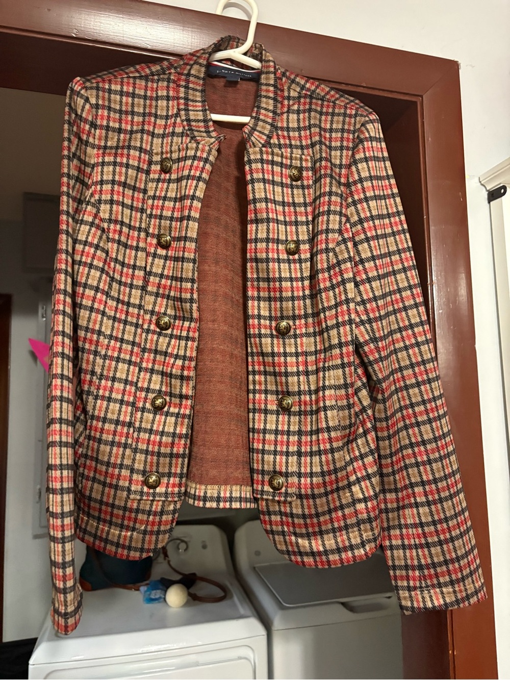 Tommy Hilfiger Plaid Double-Breasted Blazer in Tan and Red